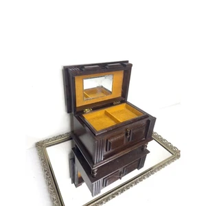 schöne Vintage Schmuckschatulle aus dunklem Holz mit ausziehbaren Komponenten Spieluhr - Bild 1 von 10