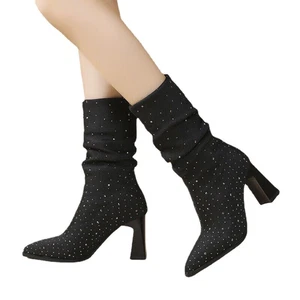 Bling Rhinestones Mid Calf Boots Womens High Heel Pointed Toe Slouch Boots Shoes - Picture 1 of 11