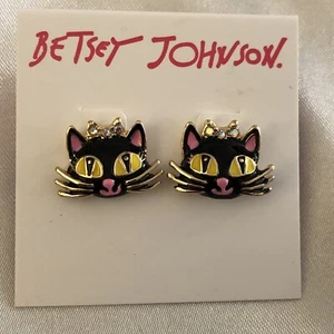 Betsey Johnson Black Enamel Cat Stud Earrings With Crystal Accents NWT - Picture 1 of 12