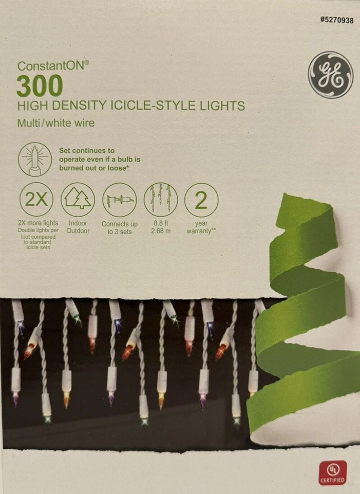 GE ConstantON 300 High Density Icicle-Style Lights Multi with White Wire#5270938
