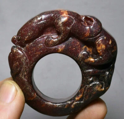 5cm China Hongshan Culture Old Jade Carving Dynasty Dragon Beast Spanner Ring - Image 1 of 4