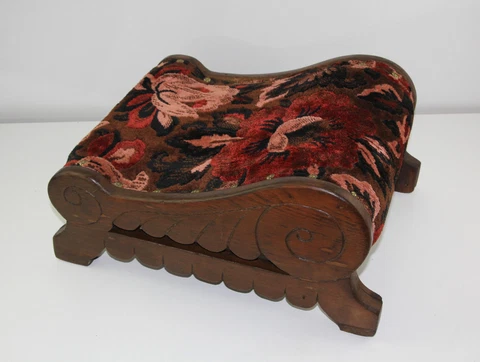 Antique NICE Fancy Carved SLEIGH CONTOURED Wood Tapestry Foot Stool Gout Ottoman Cover