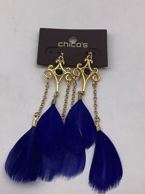 Chico’s Gold, Blue, Crystal Feather Earrings￼ - Image 1 of 2