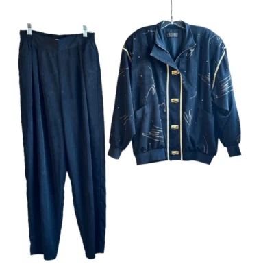 Vtg 80's Track Suit Windbreaker Jacket Pants Loungewear Womens Medium Black Gold - Image 1 of 4