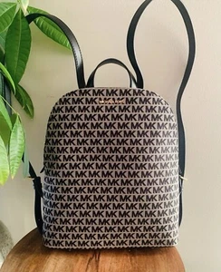 $298 NEW MICHAEL KORS Cindy Large Backpack MK Logo BLK/NAT - Picture 1 of 6