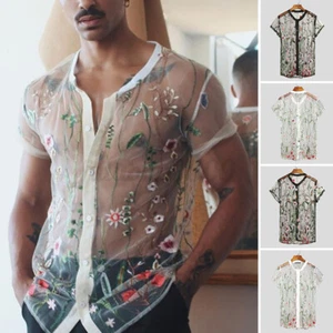 Hombres Sexy Mangas Cortas Ver A través Floral Malla Camisa Músculo Fiesta Blusa Prendas para el torso Camisetas - Imagen 1 de 14