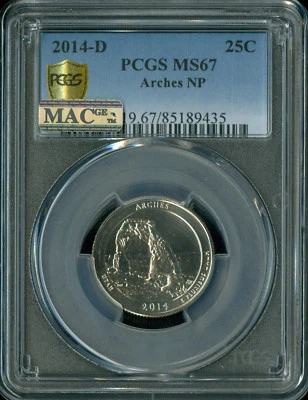 2014 D ARCHES PARKS QUARTER PCGS SHIELD MS67 PQ 2ND FINEST GRADE MAC SPOTLESS .  - Image 1 of 2