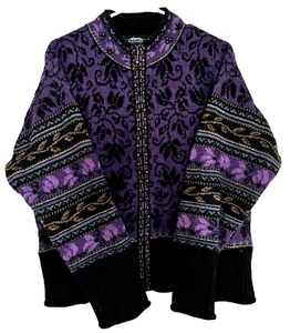 Icelandic Design Full-Zip Sweater Jacket Purple & Black Wool/Cotton Blend XL - Picture 1 of 10