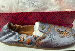 Tory Burch Soft Smoking Slipper / Sea Frost Flower Brocade US Size 9.5 NIB - Picture 1 of 7