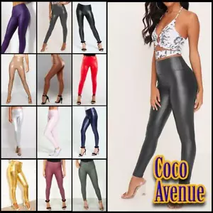 Ladies PU Leather Wet Look High Waist Leggings Stretchy Fleece Trouser Pants - Picture 1 of 2