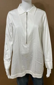 Weiche Umrandung Damen Oberteil Polo Bluse Tunika Shirt 1/2 Reißverschluss Langarm M weiß - Bild 1 von 9