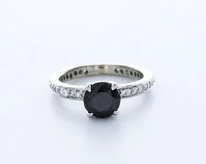 1.7 CT Natural Diamond Black/ Round Cut 14K White Gold Prong Classic Accent Ring - Picture 1 of 4