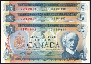 3x Consecutive Canada 1972 $5 Five Dollar Banknotes Lawson - Bouey - Picture 1 of 2