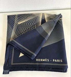 Hermes Navy H Logo Silk Scarf Carre 140cm Gold Accent Used - Picture 1 of 4
