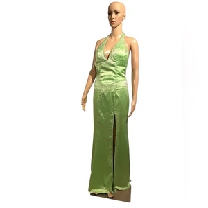 Vintage Y2K Night Moves Prom Halter Plunge Gown Glitter Back Slit Green 6 - Picture 1 of 9
