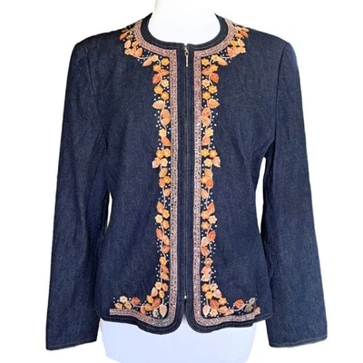 ESCADA Blue Denim Floral Embroidery Embellished Detail Zipped Jacket Large 44 - Image 1 of 4