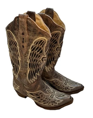 Women's 7.5 Corral  Cowboy Boots A1241 Angel, Wing, Cross, Sequins Inlay VTG - Image 1 of 4