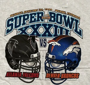 Super Bowl XXXIII 1999 Broncos Falcons Logo 7 T-Shirt Men’s Large Miami FL NOS - Picture 1 of 5