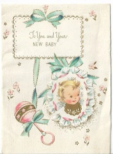 VTG Greeting Card approx 4.5 x 6.5" You & Your New Baby - Baby and Rattle - Picture 1 of 3