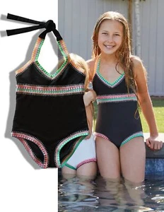 PQ SWIM Girls 10 Black Pier Rainbow Embroidered One Piece Swimsuit CURRENT SEASN - Picture 1 of 4