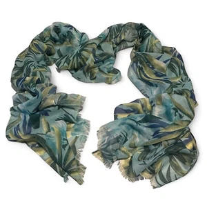 Floral Green Blue Scarf Wrap Leaves Plants Flower Raw Fringe Ends Polyester - Picture 1 of 8