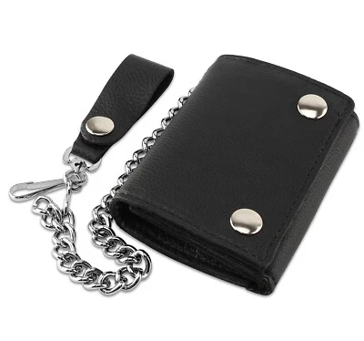 Cartera de cadena de cuero de grano superior de motociclista de tres pliegues RFID para hombre, cierre a presión, EE. UU., negra Foto 1 de 4