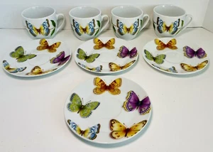 Neiman Marcus Butterfly Tea Set of 4 Cups and Saucers Porcelain Queens China - Picture 1 of 9