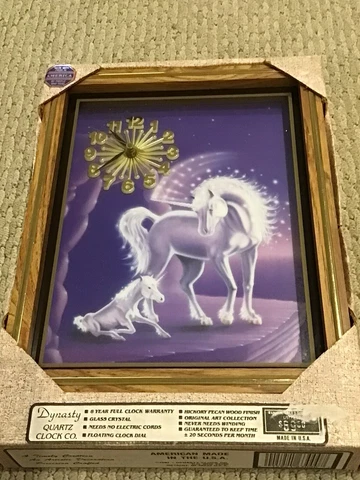 Vintage 1987 Dynasty Clock Co. - Unicorn & Foal - Wall Clock - Wood Frame Cover