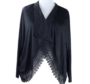 NEW Denim 24/7 Black Plus Size 32W Wrap Jacket Ultrasuede Lace Trim Shawl Collar - Picture 1 of 6
