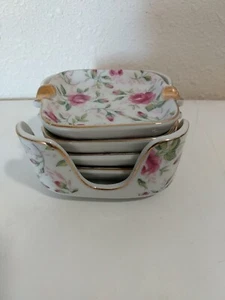 Vintage Japan Lefton Nested Personal Ashtray Set Pink Rose Chintz Gold Trim - Picture 1 of 6