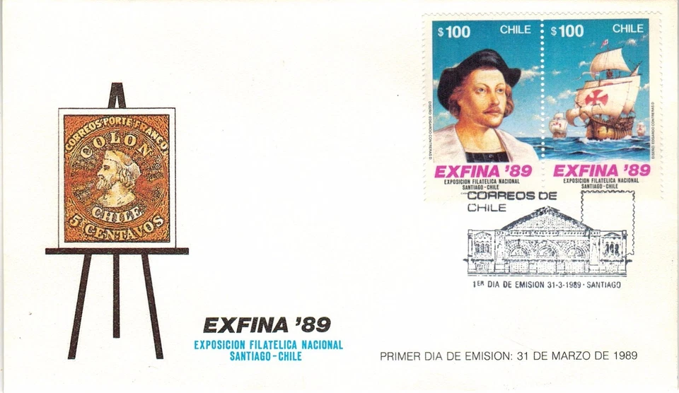 Chile 1989 FDC EXFINA`89 Exposición Filatelica Nacional Colón Foto 1 de 1