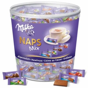 Milka Naps Mix Mini Schokoladentäfelchen Alpenmilch Erdbeer Haselnuss 1 kg Dose - Bild 1 von 5