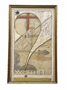 VINTAGE HAND EMBROIDERED RELIGIOUS ARTWORK IN WOODEN FRAME - 51 X 32 CMS - Picture 1 of 7