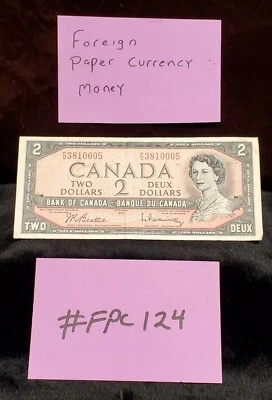 VINTAGE TWO DOLLAR 1954 CANADA 2 DOLLAR NOTE SERIAL NUMBER P/U3810005 #FPC124 - Image 1 of 2
