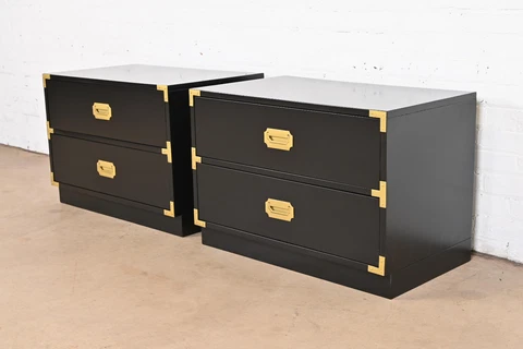 Bernhardt Hollywood Regency Black Lacquered Campaign Nightstands, Refinished Cover