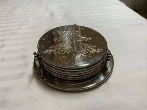 Silverplate Coasters, Noel/Christmas Tree, Set Of 6 With Holder, 3 5/8”, EUC - Picture 1 of 10