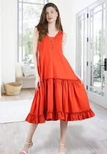 Women's Summer Sleeveless V-Neck Ruffled V-Shaped Open Back Midi Lace Dress - Picture 1 of 12