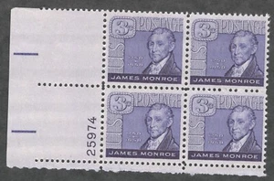 US. 1105. 3c. James Monroe (1758-1831) 5th President of the US. PB4. MNH 1958 - Picture 1 of 2