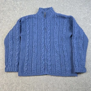 Aran Crafts Sweatshirt Womens Medium Blue Cable Knit Full Zip 100 Wool Fisherman - Picture 1 of 16