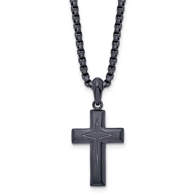 Stainless Steel Brushed and Polished Blue/Grey IP 24in Cross Necklace - Image 1 of 2