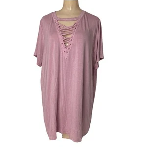Entro Womens sz 1X Top Lace up deep v-neck short sleeve stretchy New light pink - Picture 1 of 13