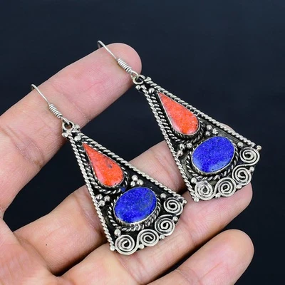 Lapis Lazuli Red Coral Ethnic 925 Sterling Silver Tibetan Nepali Earring 2.7" F2 - Image 1 of 4