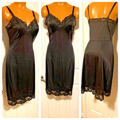 DE COLECCIÓN AÑOS 60 SHADOWLINE NEGRO CON APLIQUES RIBETE DE ENCAJE SLIP COMPLETO TALLA 34 Foto 1 de 4