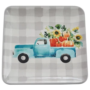 Truckloads Of Fun Plate 8,5X8,5 Grigio Bianco Blu Camion Zucche Sunflowes Park - Foto 1 di 3