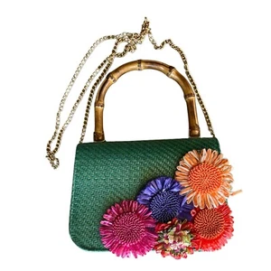 Haute Hippie Stroh Blumen grün Handtasche Umhängetasche Tasche mit Bambusgriff - Bild 1 von 1