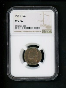 1951 US Jefferson Nickel 5c .05 NGC MS 66 Uncirculated Gem Nice Golden Toning - Picture 1 of 4