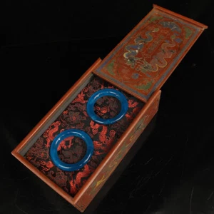 Collect Old China Ancient Wood paint dragon Storage Box Pair blue Jade Bracelet - Picture 1 of 9