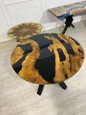 Round Epoxy Resin Coffee Table, Wooden Walnut Live Edge Table Hallway Decors Top - Image 1 of 4