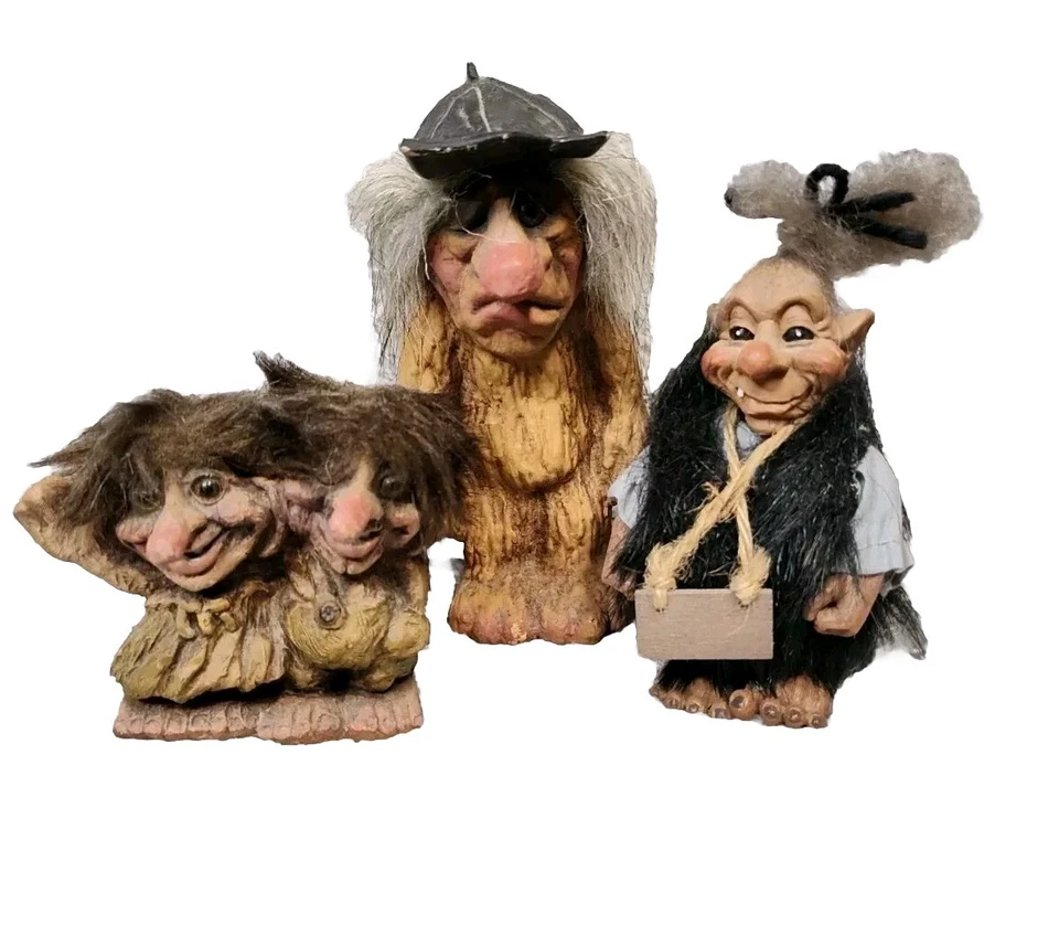 РЕДКИЙ / Снятый с производства Лот товаров Nyform Trolls Rjukan Норвегия Странная Редкость 1970-е 3 Фигурки - Изображение 1 из 4
