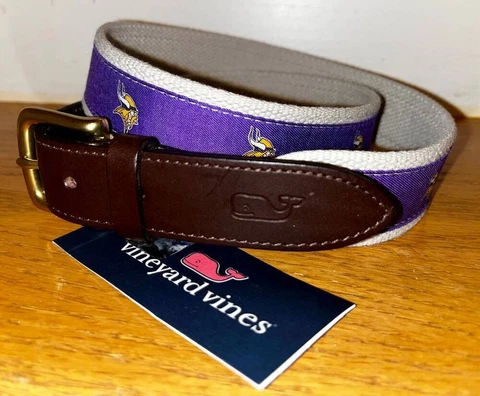 VINEYARD VINES NFL MINNESOTA VIKINGS MENS CANVAS/LEATHER CLUB BELT~SZ 38~NWT Cover